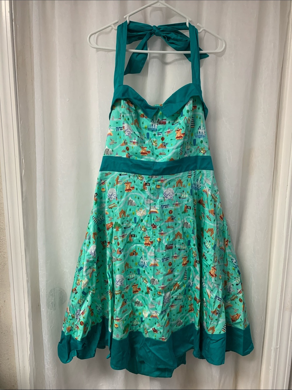 Teal Halter Fit-and-Flare Midi Dress with movie characters
